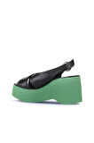 Bueno Shoes Siyah Koyu Yeşil Deri Kadın Dolgu Topuklu Sandalet 01wy9007