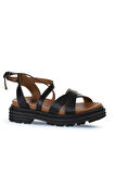 Bueno Shoes Siyah Khv Deri Kadın Dolgu Topuklu Sandalet 01wy8305