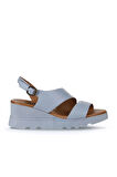 Bueno Shoes Mavi Deri Kadın Dolgu Topuklu Sandalet 01wy8602