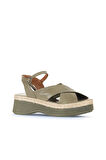 Bueno Shoes Haki Deri Kadın Dolgu Topuklu Sandalet 01wy8205