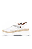 Bueno Shoes Beyaz Deri Kadın Dolgu Topuklu Sandalet 01wy8205
