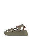 Bueno Shoes Haki Deri Kadın Dolgu Topuklu Sandalet 01wa4301