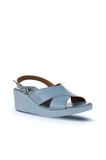 Bueno Shoes Mavi Deri Kadın Dolgu Topuklu Sandalet 01wy2411