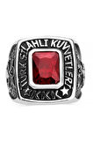 Erkek Kırmızı Kare Taşlı Kara Kuvvetleri Yüzüğü