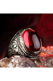 Yakut (ruby) Taşlı Kalem Işleme Desenli Gümüş Erkek Yüzük