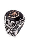 Çift Kartal Baş Motifli Siyah Oniks Taş Üzerine Gümüş Osmanlı Yüzüğü