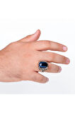 Kılıç Model Kapşon Kesim Mavi Kaplangözü Taşlı Gümüş Erkek Yüzük