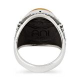 925 Ayar Gümüş Simetrik Desenli Sarı Taşlı Erkek Yüzük