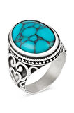 Kalp Motifli Turkuaz Firuze Taşlı Gümüş Erkek Yüzük