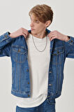 Slim Fit Dar Kesim %100 Pamuk Mavi Denim Kot Ceket