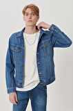 Slim Fit Dar Kesim %100 Pamuk Mavi Denim Kot Ceket