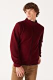 Regular Fit Normal Kesim Dik Yaka Fermuarlı Bordo Polar Ceket