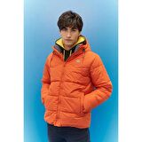 Regular Fit Normal Kesim Kapüşonlu Turuncu Şişme Mont