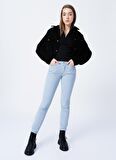 Slim Fit Dar Kesim Normal Bel Esnek Mavi Kadife Pantolon