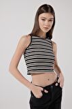 Slim Fit Dar Kesim Bisiklet Yaka Kolsuz Crop Siyah Çizgili Esnek Tişört