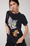Regular Fit Normal Kesim %100 Pamuk Tom ve Jerry Baskılı Antrasit Tişört