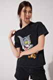 Regular Fit Normal Kesim %100 Pamuk Tom ve Jerry Baskılı Antrasit Tişört
