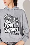Regular Fit Normal Kesim Kapüşonlu Gri Melanj Tom ve Jerry Baskılı Sweatshirt