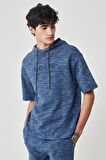 Regular Fit Normal Kesim Kapüşonlu Yaka Kısa Kollu Lacivert Sweatshirt