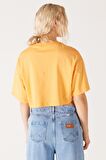 Loose Fit Rahat Kesim %100 Pamuk Bisiklet Yaka Hardal Crop Tişört