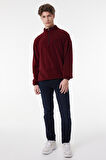 Regular Fit Normal Kesim Dik Yaka Yarım Fermuarlı Bordo Polar