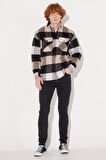 Loose Fit Rahat Kesim Siyah Krem Ekose Kaşe Ceket