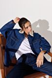 Loose Fit Rahat Kesim %100 Pamuk Sherpa Yaka Mavi Jean Kot Ceket