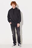 Loose Fit Rahat Kesim Kapüşonlu İçi Polarlı Sırt Baskılı Antrasit Sweatshirt