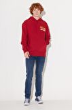 Loose Fit Rahat Kesim Kapüşonlu Şardonlu Kırmızı Sweatshirt