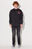 Loose Fit Rahat Kesim Bisiklet Yaka İçi Polarlı Sırt Baskılı Antrasit Sweatshirt