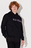 Loose Fit Rahat Kesim Kapüşonlu Şardonlu Siyah Sweatshirt