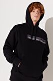 Loose Fit Rahat Kesim Kapüşonlu Şardonlu Siyah Sweatshirt