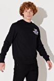 Regular Fit Normal Kesim Bisiklet Yaka Şardonlu Siyah Sweatshirt