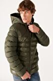 Regular Fit Normal Kesim Kapüşonlu Kapitone Haki Şişme Mont