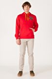 Regular Fit Normal Kesim Kapüşonlu Şardonlu Kırmızı Sweatshirt