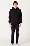 Regular Fit Normal Kesim Kapüşonlu Şardonlu Siyah Sweatshirt