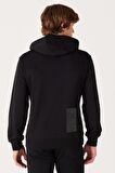 Regular Fit Normal Kesim Kapüşonlu Şardonlu Siyah Sweatshirt