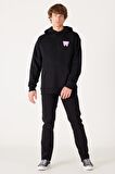 Loose Fit Rahat Kesim Kapüşonlu İçi Polarlı Sırt Baskılı Siyah Sweatshirt