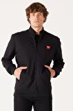 Regular Fit Normal Kesim %100 Pamuk Dik Yaka Fermuarlı Siyah Sweatshirt Ceket