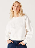 Relaxed Fit Geniş Kesim %100 Pamuk Bisiklet Yaka Beyaz Sweatshirt