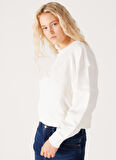 Relaxed Fit Geniş Kesim %100 Pamuk Bisiklet Yaka Beyaz Sweatshirt