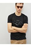 Erkek Siyah Pamuklu Bisiklet Yaka Kısa Kollu Baskılı T-Shirt