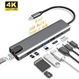 8 in 1 4K Type C USB 3.0 Hub HDMI RJ45 SDTF Adaptörü