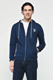 HILGARD Koyu Lacivert Kapüşonlu ve Fermuarlı Baskılı Standard Fit Erkek Sweatshirt