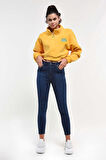 HAPPY  Sarı Fermuarlı Nakışlı Kadın Sweatshirt