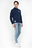 CORNING Koyu Lacivert Yarım Fermuarlı Nakışlı Polar Erkek Sweatshirt