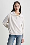 INEZ Bej Fermuarlı Nakışlı Loose Fit Kadın Sweatshirt