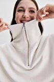 INEZ Bej Fermuarlı Nakışlı Loose Fit Kadın Sweatshirt