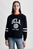 ROISIN Siyah Bisiklet Yaka Baskılı Loose Fit Kadın Sweatshirt