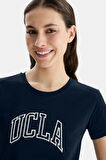 ANGELA Lacivert Bisiklet Yaka Nakışlı Standart Fit Kadın T-shirt